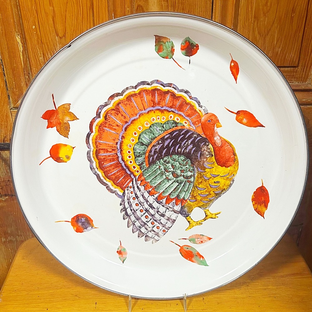 Hallmark Thanksgiving Turkey‎ Tray Round 16" Enamel Fall Holiday Platter
